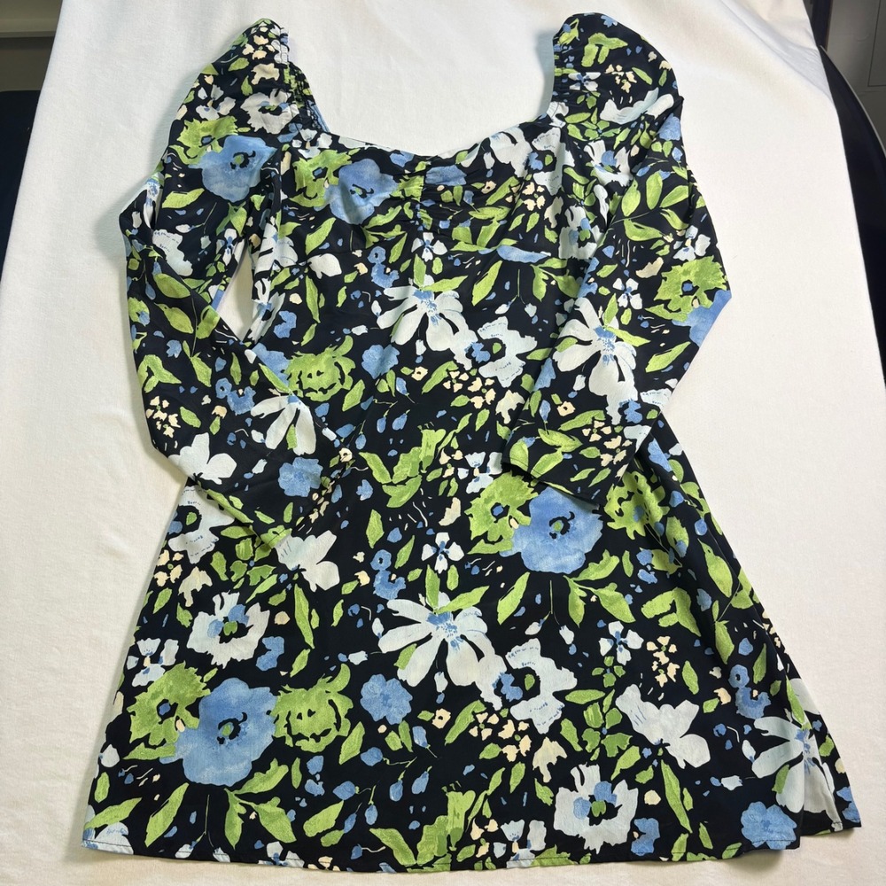 Topshop Floral Mini Dress, Size 8 US Blue Green Square Neck Puff Long Sleeve